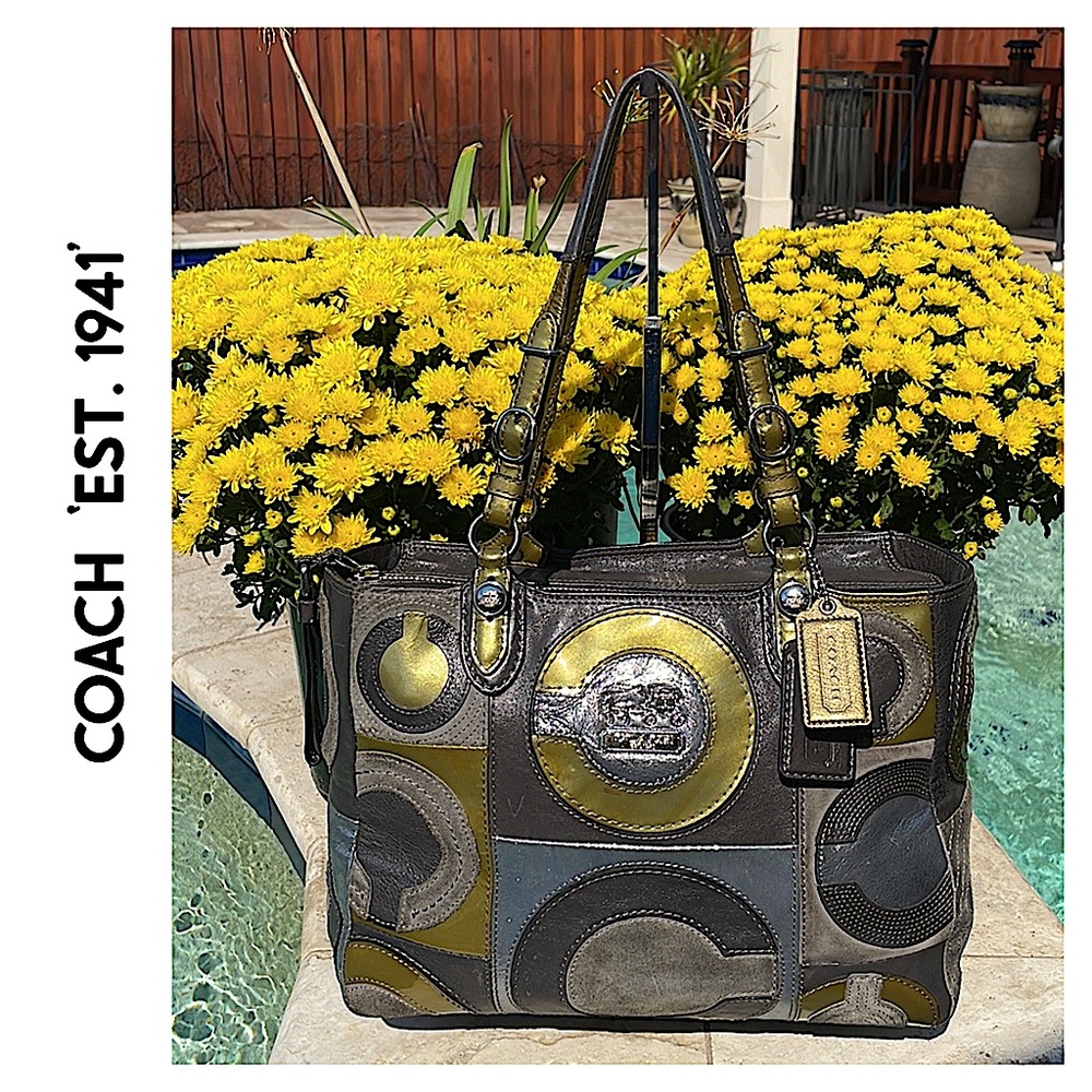 Coach Mia Patchwork C Gray/Gold/Bronze/Silver Leather Tote Handbag w/Silver HW
